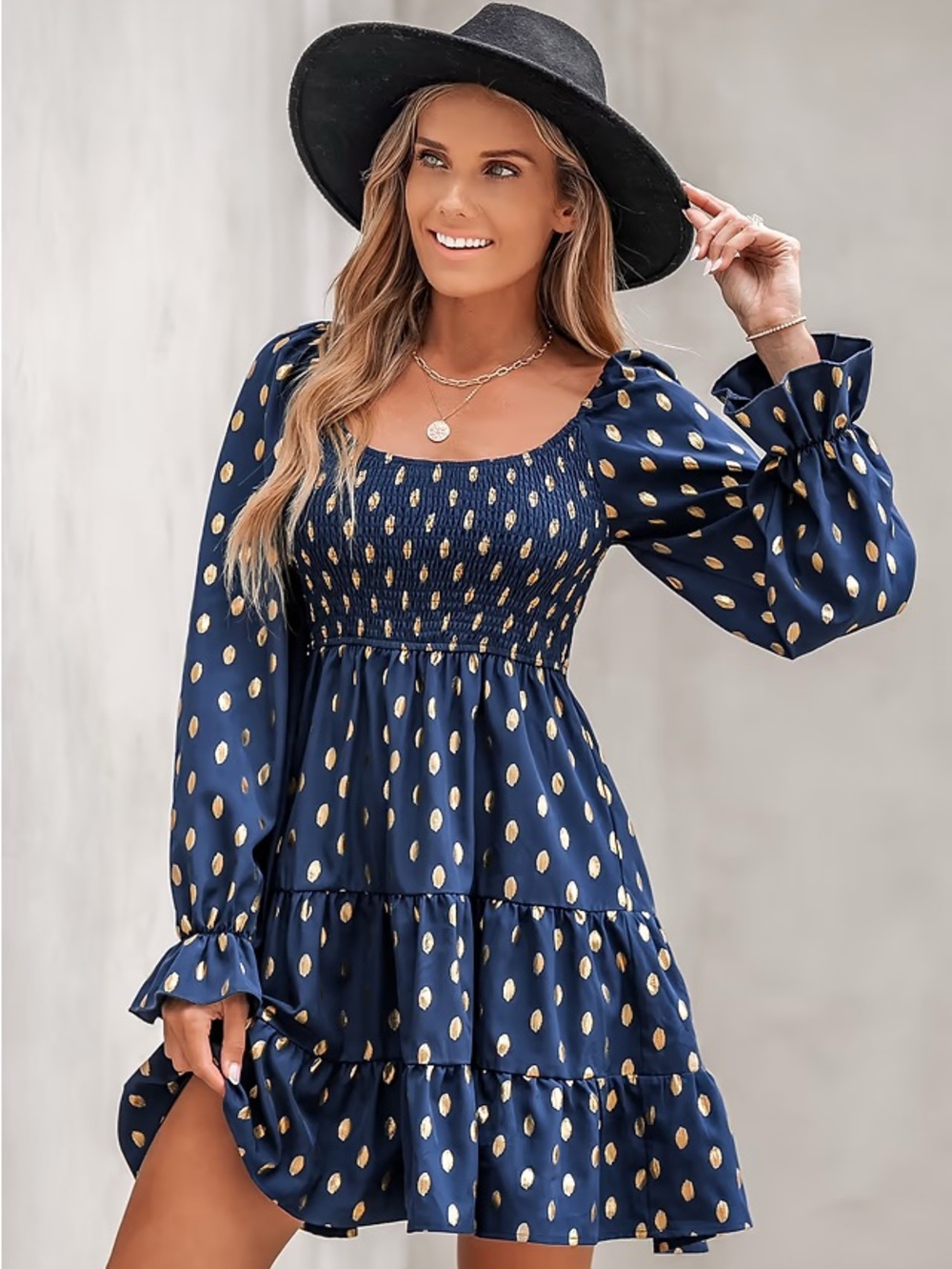 Cupshe Navy and Gold Smocked Long-Sleeve Tiered Dress Small Boho
